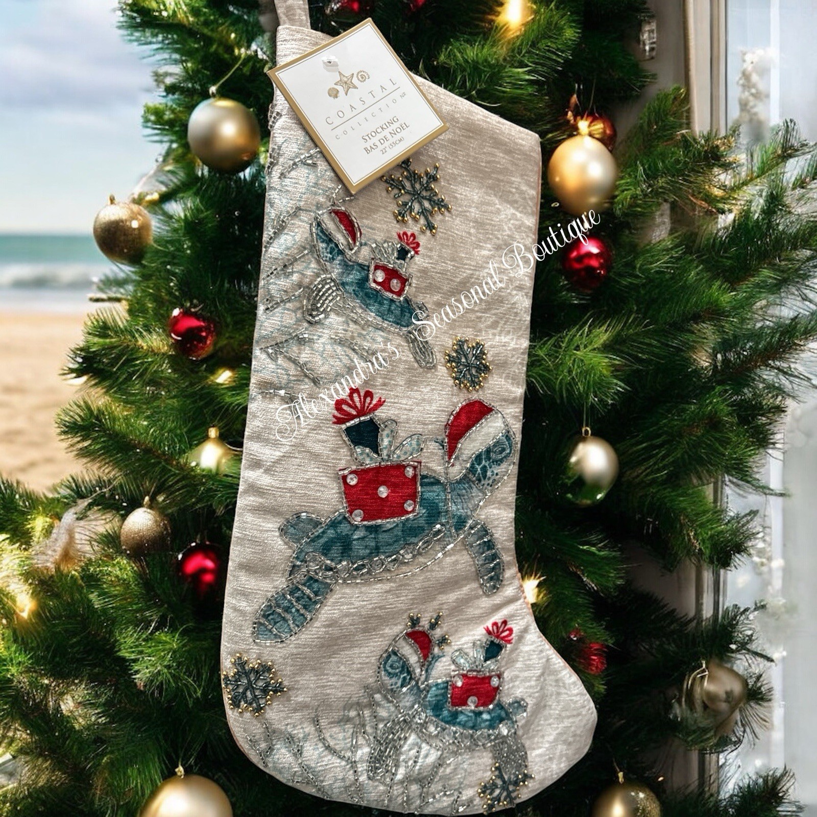Coastal Beach Christmas Stocking Coral Sea Turtles Santa Hat Beaded Blue 22“ New