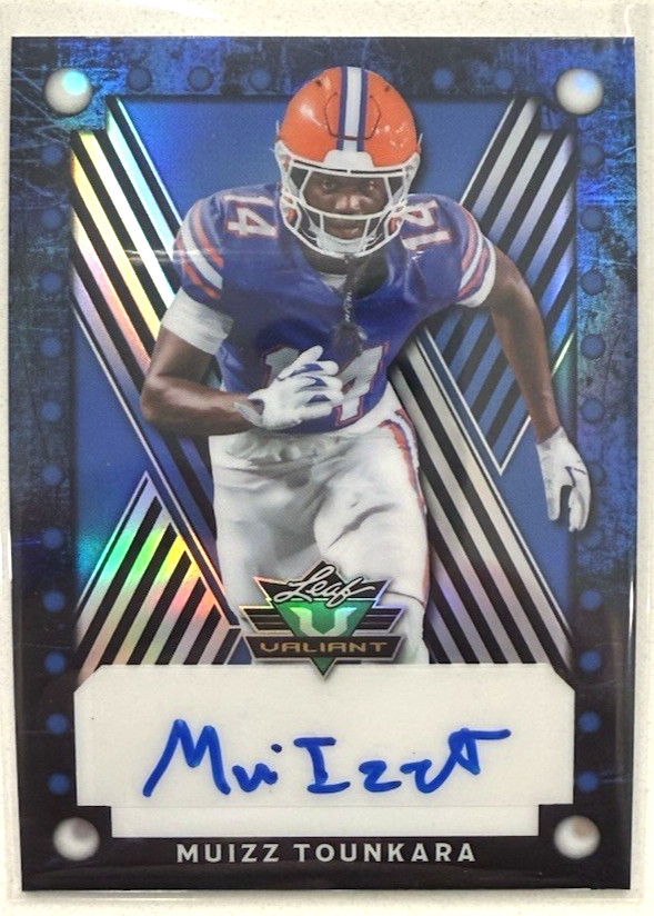 2025 Leaf Eclectic Football Valiant Base Blue Prismatic Auto 1/1 Muizz Tounkara