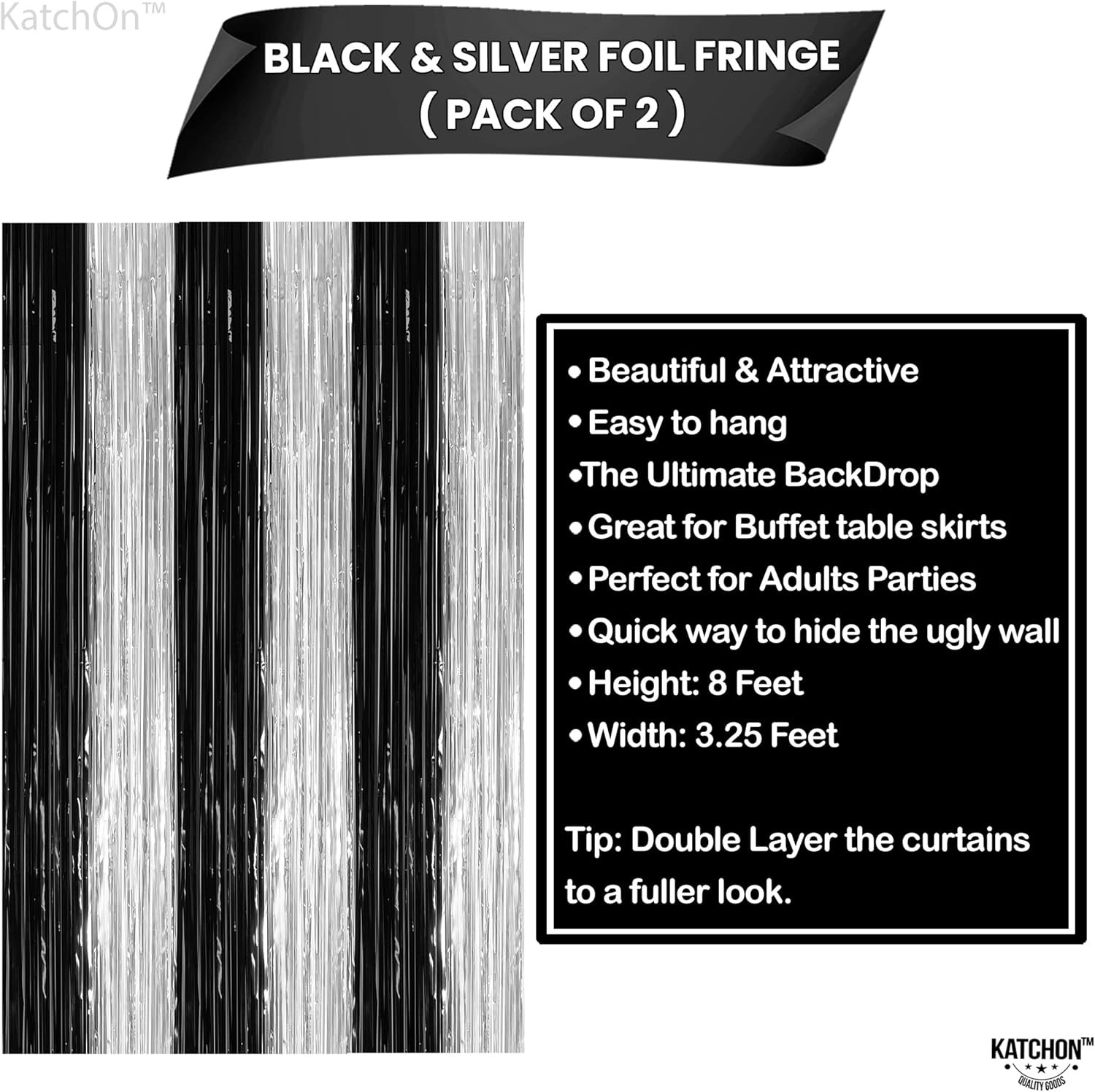 KatchOn XtraLarge Black and Silver Fringe Curtain Silver, Pack of 2 