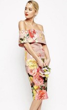 ASOS Petite Floral Bardot Pencil Dress US 2 Pink Rose Off Shoulder Bodycon