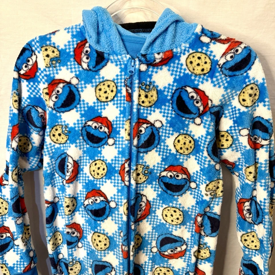 Sesame Street Cookie Monster Pajama Suit S Adult Fleece Santa Hooded Costume - Image 3 of 4
