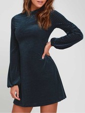 Navy Blue Striped Velvet Balloon Sleeve A line Mini Dress Size S