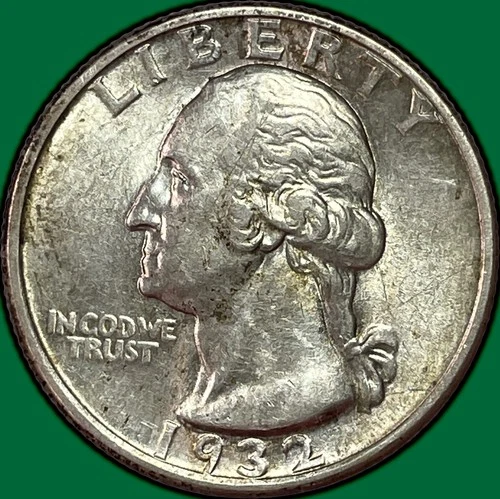 1932 Washington Quarter Silver Almost Uncirculated AU Coin, Scratch #36529
