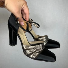 Charles Jourdan Paris Black Satin Gold Mesh Ankle Strap Heels Size 8.5 Vintage