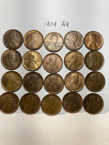 1909 (P) LINCOLN WHEAT CENT, NICE AU, ALMOST UNCIRCULATED, 20 coins