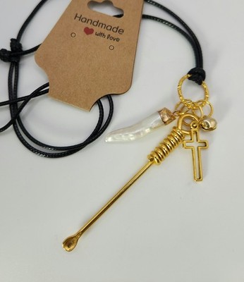 Secret Mini Stash Snuff Spoon Neckalce Vintage Style Gold Pearl Cross Hidden 