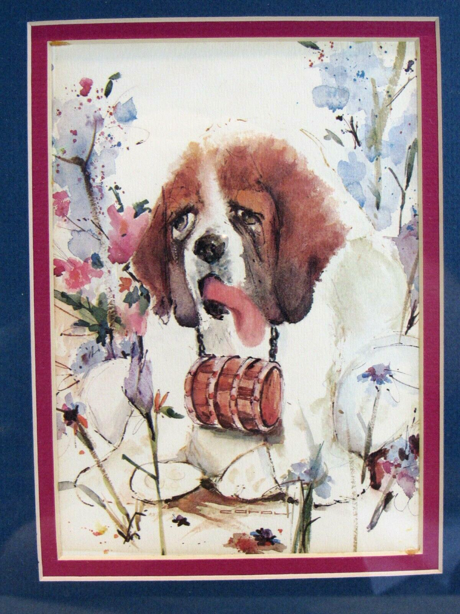 Vintage Framed Watercolor DOG ST BERNARD X