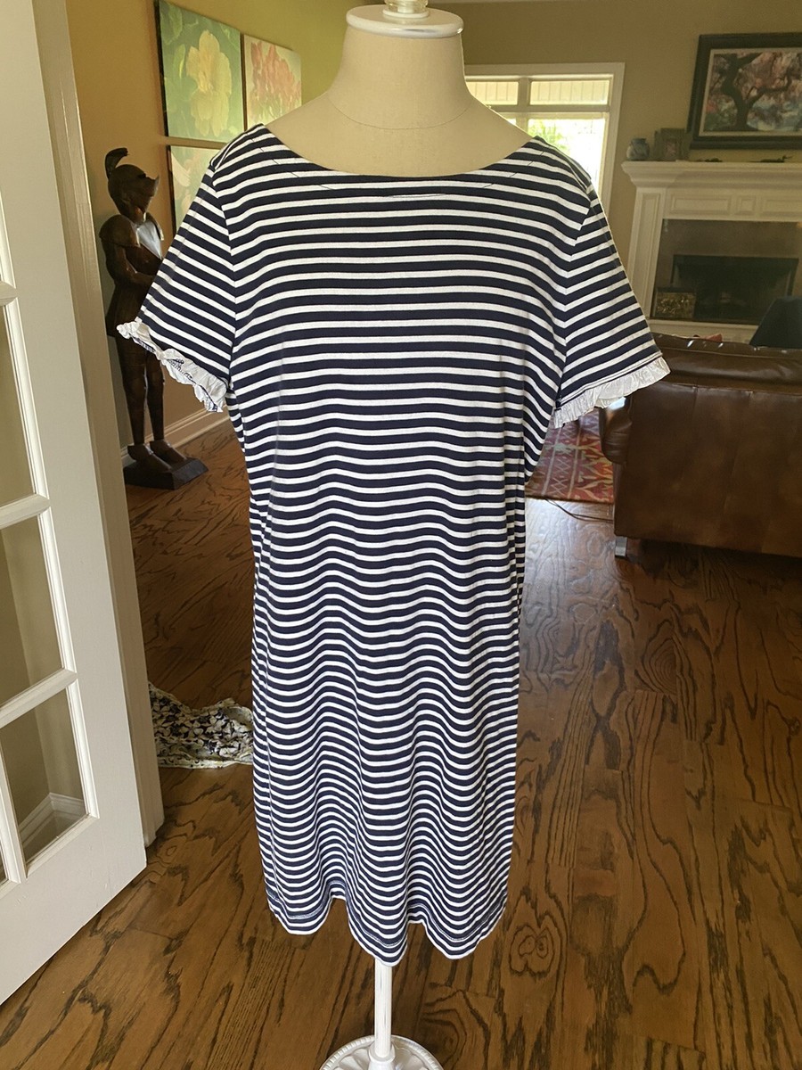 j crew blue white stripe t shirt dress large ruffle short sleeve