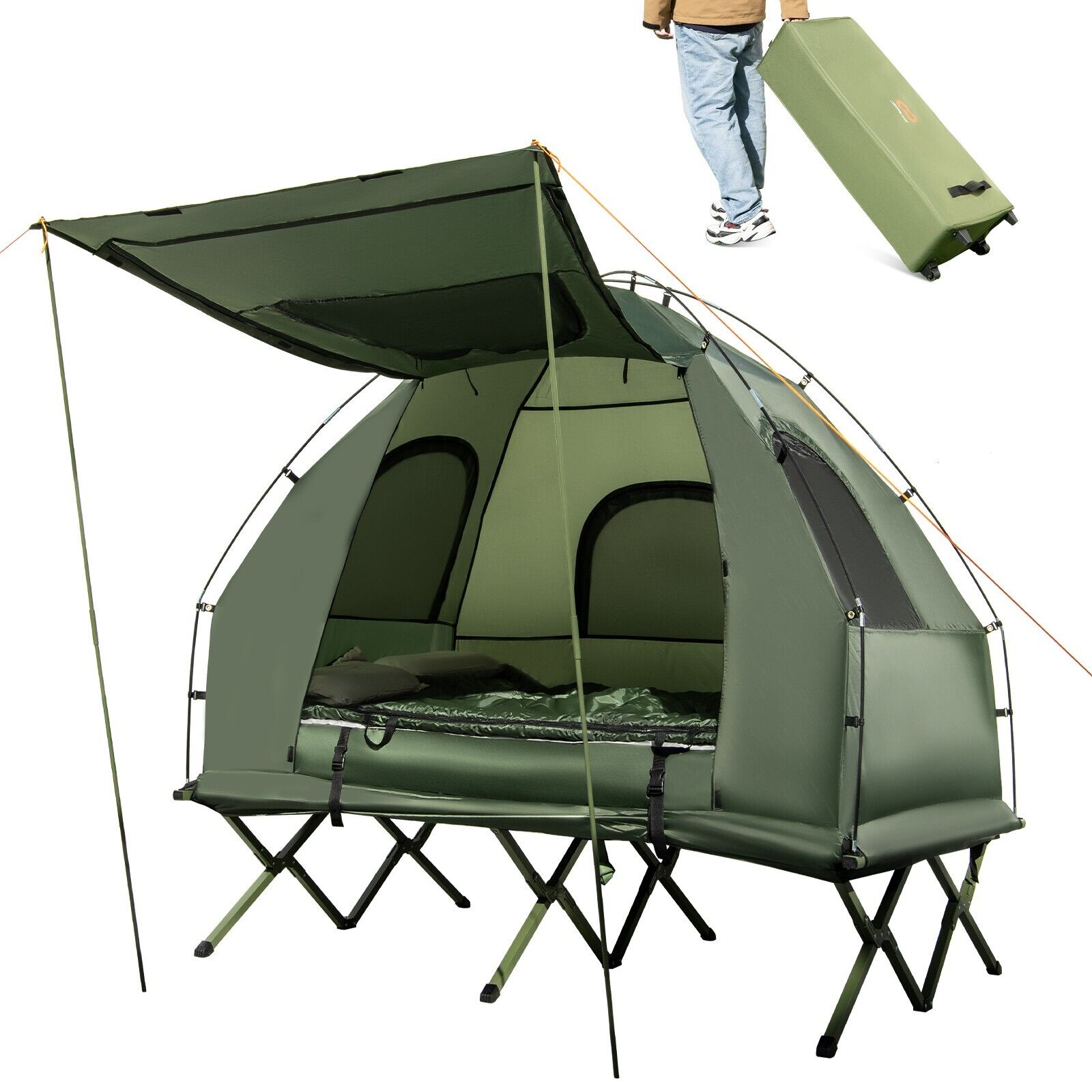 5 in 1 Campingzelt Feldbett für 2 Personen mit Luftmatratze Vorzelt Kuppelzelt