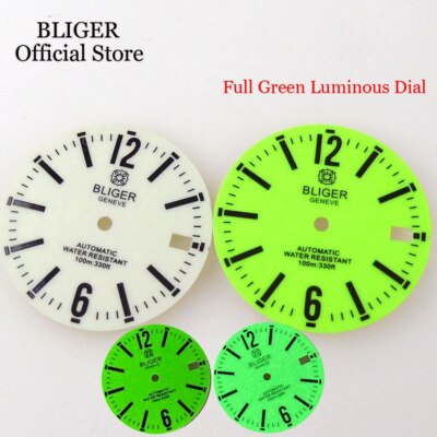 BLIGER New 29mm Watch Dial Fluorescent Green White Full Luminous Fit NH35 NH36