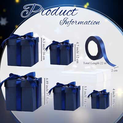 Square Nesting Boxes Decorative Gift Boxes Lid Ribbon Navy Blue 5