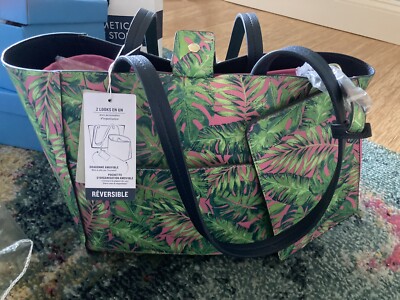 Tommy Bahama 2-PC SET Green/Pink Palm Tree Reversible Tote Bag Organizer  Pouch
