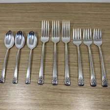 WM Rogers MOUNTAIN ROSE Mixed Lot Spoons Forks Silverplate Flatware 1954 Set (9)