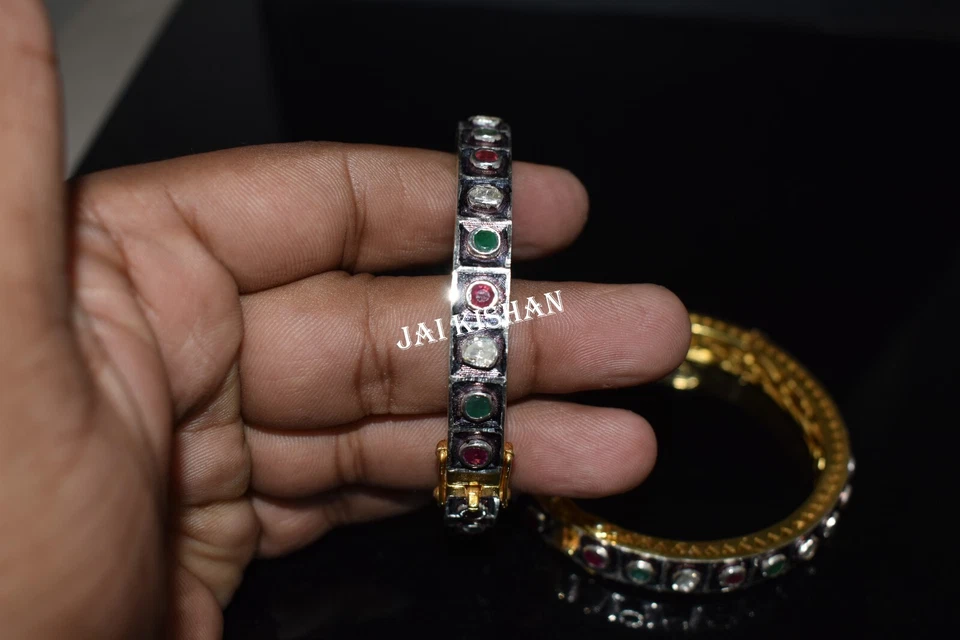 Emerald Ruby Gemstone 925 Sterling Silver Polki Diamond Victorian Bangle 1 Pcs - Image 2 of 4