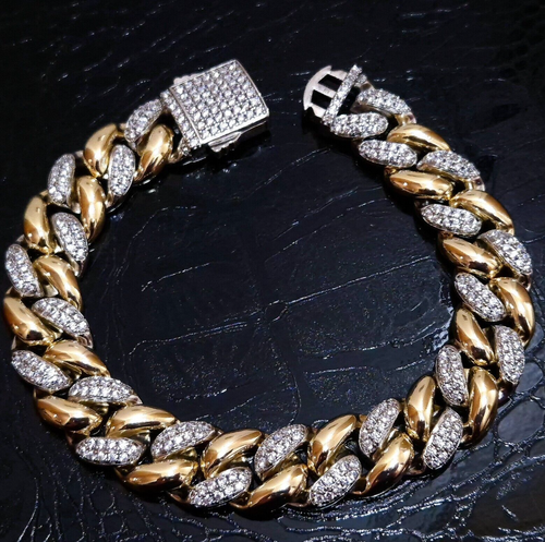 Two Tone 14mm Miami Cuban Bracelet Curb Link Iced Out 18K Gold Silver Layered - Picture 2 of 4