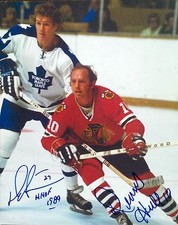 DARRYL SITTLER DENNIS HULL AUTOGRAPHED 8x10 COLOUR PHOTO SIGNED COA LEAFS HAWKS