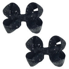 Cute 3.8" Black Sparkly Glitter Sequin Hair Bows - Pack of 2 for Little Girls