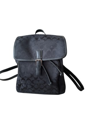 Coach Womens Signature Drawstring Backpack Black Canvas Leather 