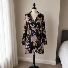 Mango Satin Floral Mini Dress Black Lilac Long Sleeve Size M