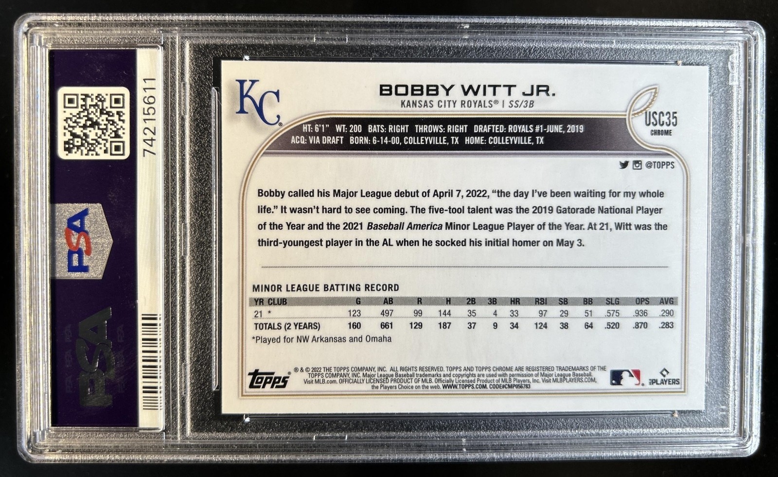 2022 Topps Chrome Update Bobby Witt Jr. RC Refractor Purple #USC35 Royals PSA 9 view 2