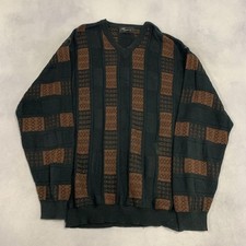 Vintage Abstract Knitted Jumper Patterned Grandad Chunky Knit Sweater Men's L