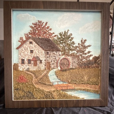 Vintage Handmade Framed Crop Art/Straw Marquetry Mill House Water Wheel UNIQUE