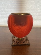 ANTIQUE VICTORIAN Red Satin Floral Patern GWTW Glass Parlor Lamp Base 10"H