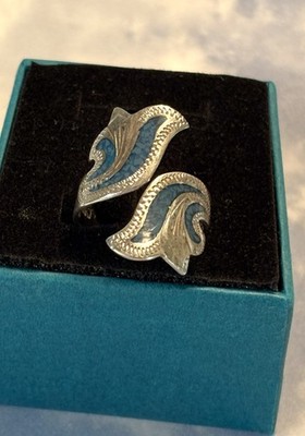 VTG Mexico Artisan C Sterling Silver Turquoise Etched Tulip Floral Bypass Ring