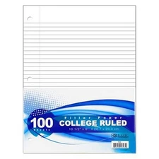 Bazic Filler Paper 8-1/2"X11" College Ruled 100 Sheets White School Office Home