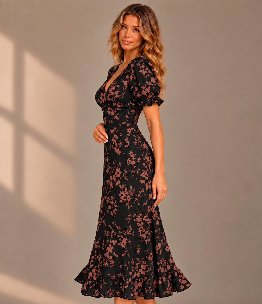 SheIn Women’s Black & Red Floral V-Neck Puff Sleeve Wrap Midi Dress Size S