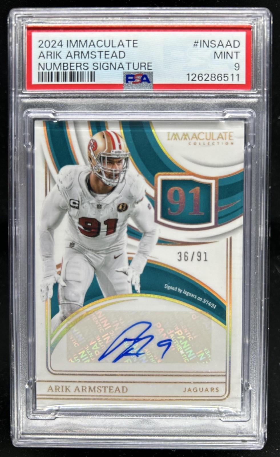 2024 Panini Immaculate Arik Armstead Numbers Signatures Auto #/91 Jaguars PSA 9 view 1