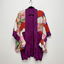 VTG Japanese Haori Purple Floral Patchwork Silk Asian Traditional Kimono OS