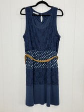 Maurices Navy Blue Sleeveless Belted Dress Floral Lace Polka Dot Tiered 2XL