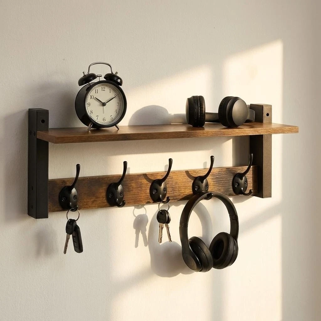 Wall-Mounted Wood Coat Key Rack With Shelf With 5 Metal Hooks Rustic Brown Black
