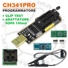 PROGRAMMATORE BIOS FLASH SPI EEPROM + CLIP TEST + ADATTATORE SOP8 a DIP8 150 mil
