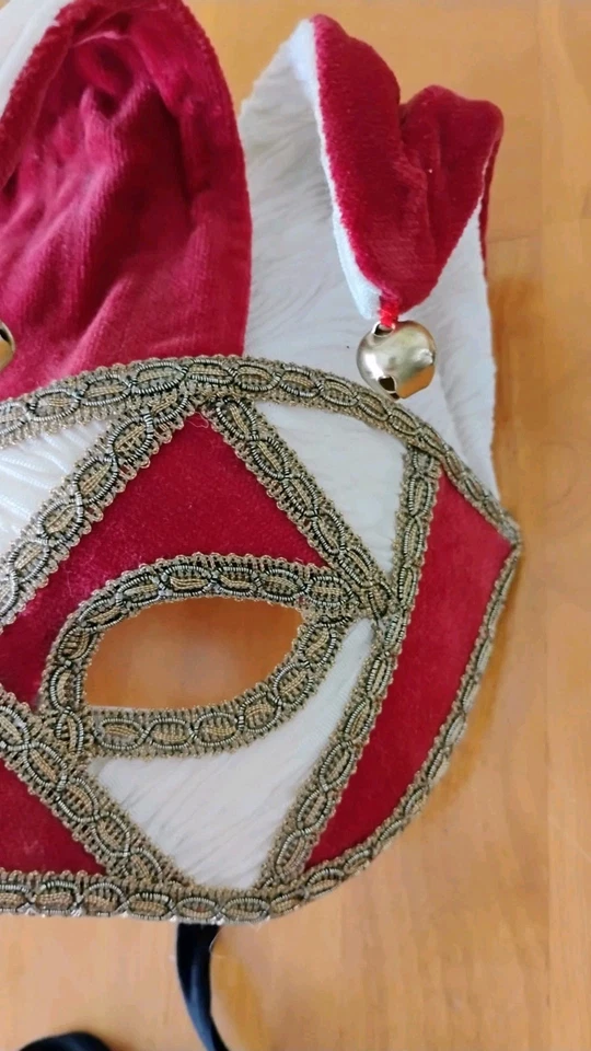 Venetian Masquerade Jester Mask Red & White Embroidered Fabric Handmade Italian - Image 3 of 4