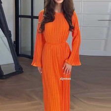 Womens Lady Round -Neck High Waist Belt Evening Dress Pleated Long Sleeve Dress