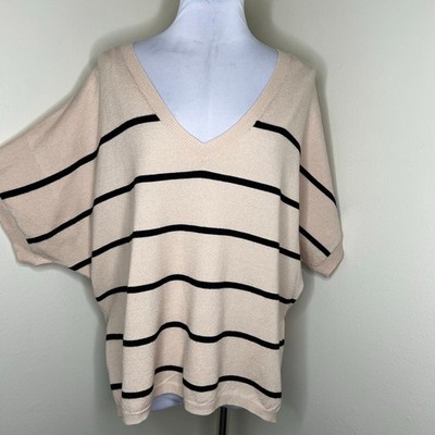 Common Threads Sweater M/L Petite Striped Oversized Dolman V-Neck Knit Beige New