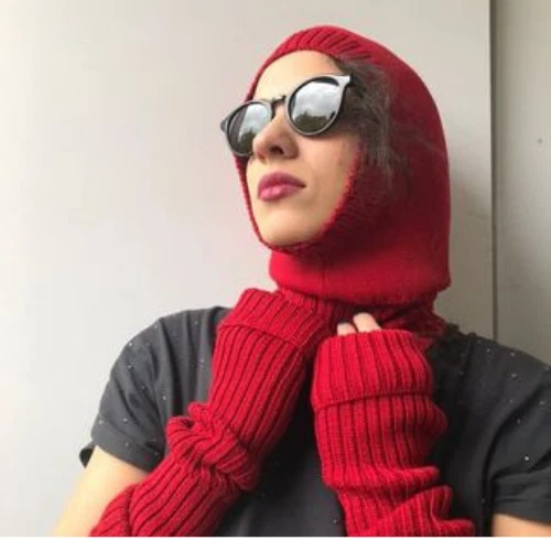 Red Balaclava open face hood and fingerless gloves set ski mask arm warmer wool