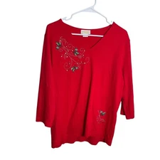 Tia T-Shirt Women's Large Red Christmas Holiday Holly Rhinestone V-Neck Tee Top