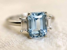 Sterling Silver Ring Natural Aquamarine Octagon Engagement Ring Aquamarine Ring.