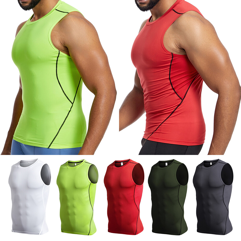 Sports Vest Tee Solid Color Round Neck Sleeveless Tank Top T-Shirt Stretch Base⊹