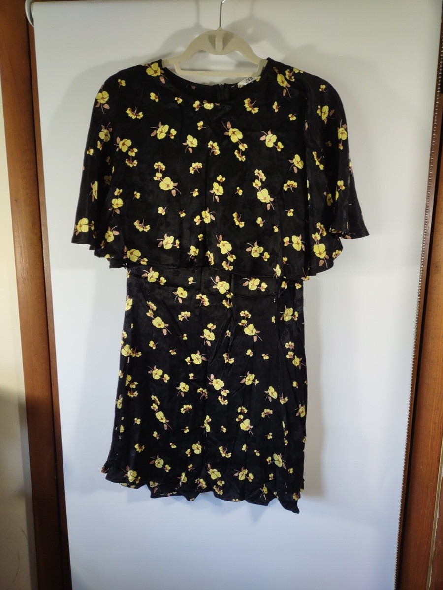 Zara Womens Size S Dress, Short Black/Yellow Floral, Sleeveless w/Capelet  Collar