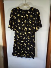 Zara Womens Size S Dress, Short Black/Yellow Floral, Sleeveless w/Capelet Collar