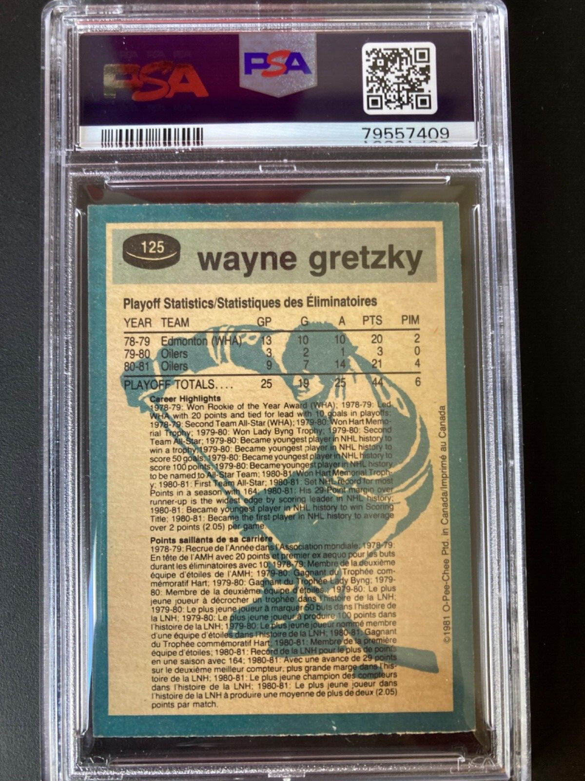 1981-82 OPC O-PEE-CHEE Hockey #125 Wayne Gretzky Super Action PSA 7 NM Oilers view 3