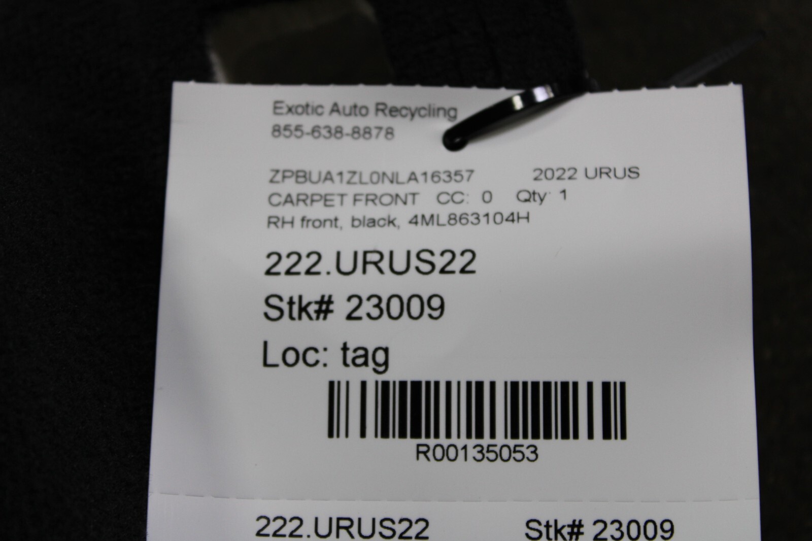 Lamborghini Urus, RH, Right, Front Carpet, Black, Used, P/N 4ML863104H