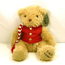 FAO Schwarz 2018 Fuzzy Brown Teddy Bear w/ Scarf and Red Puffer Vest 12" w/ Tag