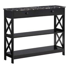 Pemberly Row 1-Drawer Console Table with Shelves in Black Wood Faux Marble Top