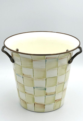 MacKenzie-Childs Parchment Check Enamel Waste Bin Trash Can 8'' Retired Pattern