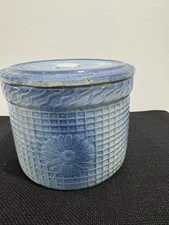 Antique 1800's Daisy Waffle Blue & White Salt Glaze Crock w Lid